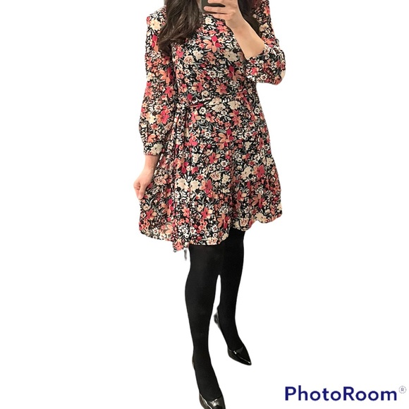 Dynamite, Women Long Sleeve Mini Flowy Dress, Belted, XS, Floral, fitted waist - Picture 3 of 14